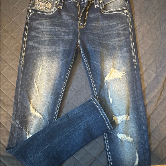 Rock Revival Women's Distressed Straight Leg Jeans - Dark Blue - Picture 3 of 7